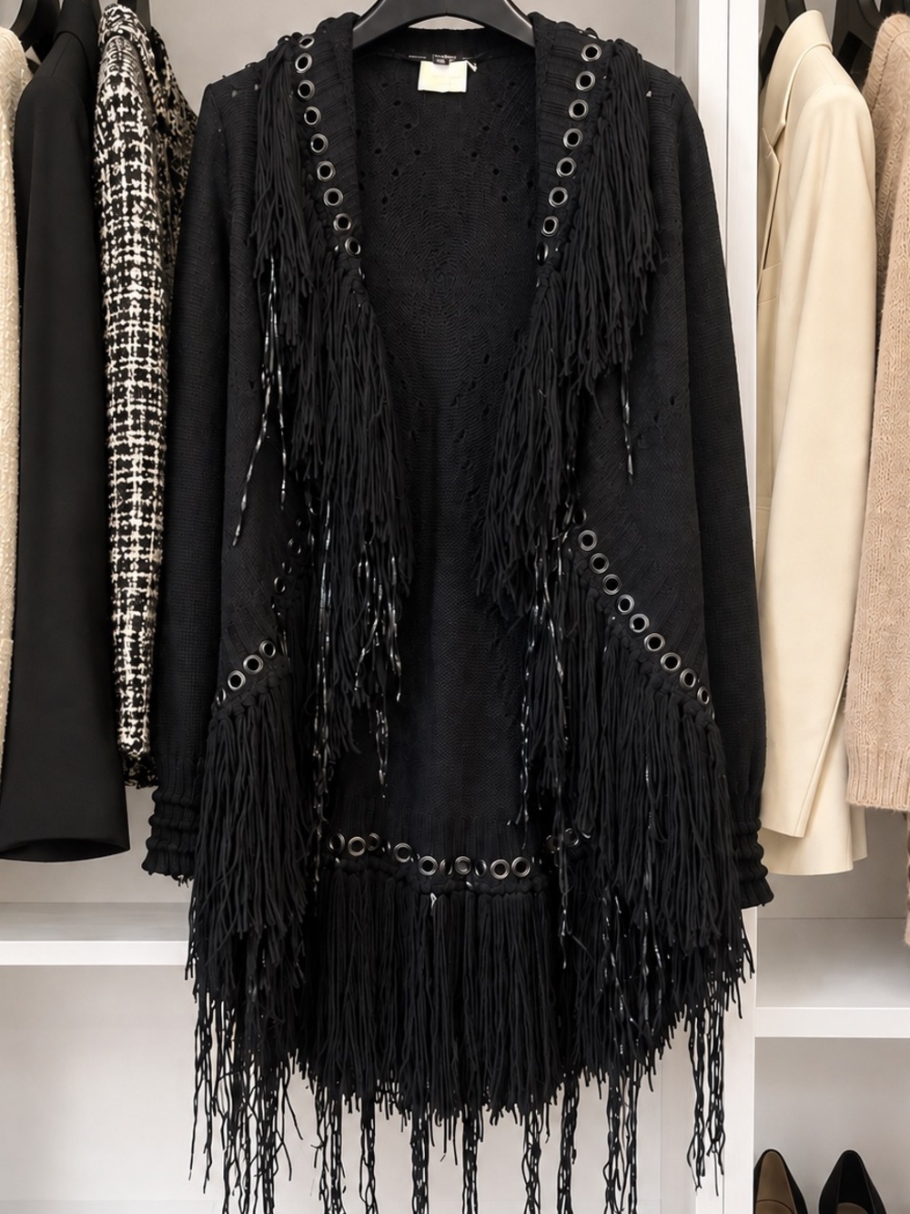 Gianfranco Ferré Vintage Black Fringe & Grommet Sweater Coat | Made in Italy